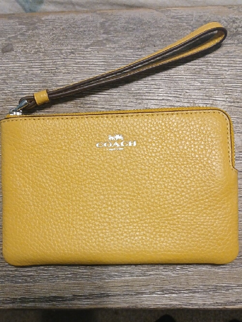 Coach Pebbled Yellow Leather Wristlet Pouch with Strap - Picture 2 of 4